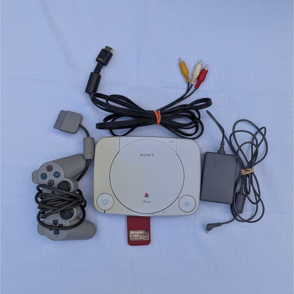 Sony PSone Slim PS1 Console Controller AV Cables AC Power Adapter M Card Working